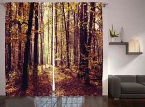 Шторы ABAKUHAUS "Деревенский пейзаж", "Лес в туманной погоде", универсальные ленточные шторы для гостиной с петлями и крючками, 280 x 245 см, бледно-желтый, темно-оранжевый Abakuhaus