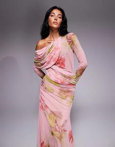 Платье макси ASOS DESIGN с длинными рукавами, свободным кроем, сетчатым миксом и розовым цветочным принтом