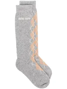 Носки с узором аргайл вязки интарсия MIU MIU, серый