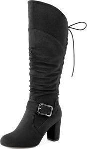 Женские сандалии Zamikoo, свободные ботильоны до колена с круглым носком, массивным каблуком, боковой молнией и металлической пряжкой, высокие повседневные сапоги на каблуке 3,5 дюйма, Suede Black