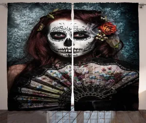 Праздничная деревенская штора ABAKUHAUS, страшная маска-череп, присборенная штора из тесьмы для спальни с петлями и крючками, 280 x 175 см, цвет: кадетский синий, каштановый Abakuhaus