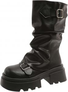 Женские сапоги до середины икры с пряжкой, с широким голенищем, мягкая кожа, классический круглый носок, платформенные высокие ботинки Generic, Black