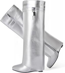 Сапоги с отворотом для женщин, острый носок, на танкетке, до колена, с боковой молнией и декоративным замком CDHYX, Silver