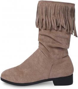 Женские ковбойские сапоги с бахромой на зиму, средние по голени, свободного кроя, с круглым носком, меховые, на низком каблуке, замшевые, для широкой голени, нарядные сапоги Generic, A01-Khaki