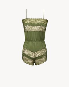 Комбинезон из шелкового сатина с кружевом SAINT LAURENT, зеленый