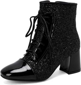Женские ботильоны UniqueStride с квадратным носком, шнуровкой и среднем каблуке, лаковая кожа, короткие, Black Glitter