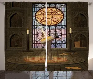 Штора в готическом деревенском стиле ABAKUHAUS, магические свечи Пентаграмма, присборенная штора для спальни с петлями и крючками, 280 x 245 см, оливково-зеленый горчичный