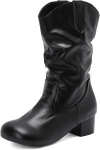 Женские ковбойские сапоги в западном стиле с низким каблуком, круглым носком и широкой голенью, короткие сапожки для ковбойских девушек JOEUSTY, Black