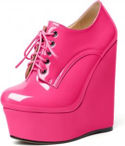 Женские ботильоны AUMOTED на танкетке, круглый носок, платформенные короткие ботинки, для свиданий, из лакированной кожи, с шнуровкой, на танкетке 15 см, на молнии, удобные, Hot Pink