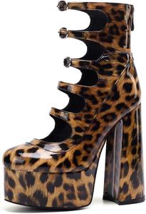 Frankie Hsu Lolita Women's Large Size Buckle Strap Leopard Patent Leather Platform Chunky Block High Heels Ankle Heeled Sandal Boots Shoes