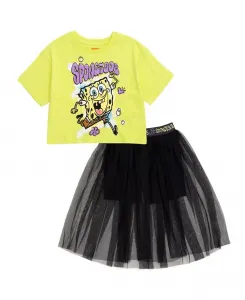 Детская укороченная футболка с квадратным кроем и спущенным плечом и юбкой-шортами из сетчатого тюля для девочек SpongeBob SquarePants, желтый