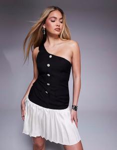 Эксклюзивное мини-платье на одно плечо с отделкой из пуговиц, плиссировкой и заниженным подолом в монохромном исполнении Kaiia, черный/кремовый