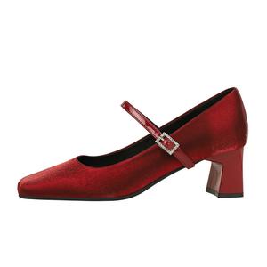 QITUMAUL Туфли Мэри Джейн на массивном каблуке женские бордовые, цвет Burgundy[Heel Height 5cm]