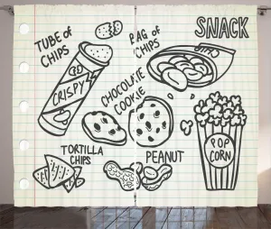 Штора ABAKUHAUS в деревенском стиле с рисунком печенья, надписью Пакет чипсов на бумаге, универсальные ленточные шторы для гостиной с петлями и крючками, 280 x 225 см, темно-синий, серый, светло-голубой и бежевый Abakuhaus