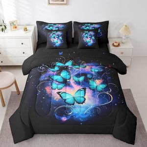 Erosebridal Комплект постельного белья Butterflies с узором бабочек и звездного неба, Black Blue