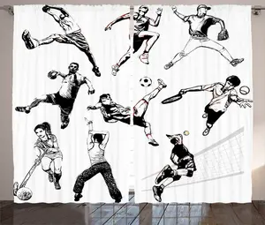 Штора ABAKUHAUS Sketch Rustic, с изображением спортсменов разных видов спорта, универсальная ленточная штора для гостиной с петлями и крючками, 280 x 225 см, черно-белая Abakuhaus