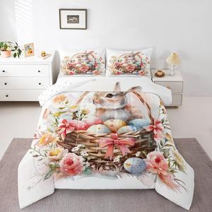 Erosebridal Комплект постельного белья Easter Bunny с пасхальными кроликами и цветами в акварельном стиле, розовые банты, для детской комнаты, White Pink