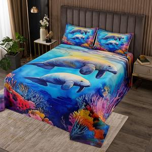 Erosebridal Комплект постельного белья Manatee Queen с морскими животными и подводным миром для детей и взрослых, Blue Pink