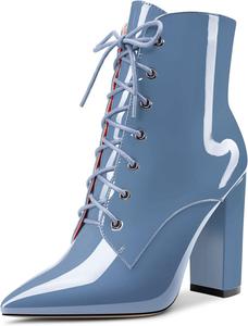 Женские ботильоны Aachcol, короткие ботинки с закрытым заостренным носком, на массивном высоком каблуке, лакированные, на шнуровке, каблук 4 дюйма, Blue B
