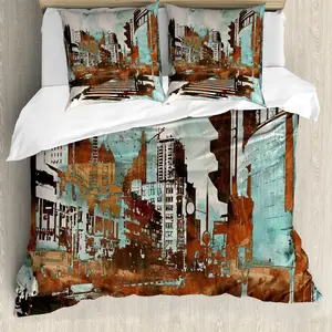 Пододеяльник ABAKUHAUS Гранж, абстрактный городской пейзаж, защита от клещей, подходит для аллергиков, с наволочками, 200 см x 200 см - 80 x 80 см, цвет морская пена коричнево-белый