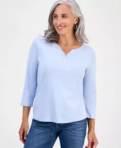 Женская хлопковая футболка хенли с рукавами 3/4, PXS-4X Style & Co