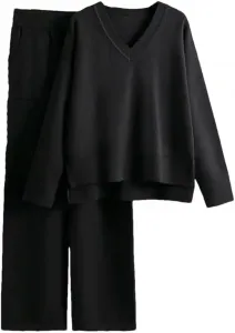 Женский комплект: V-образный свитер и брюки с высокой талией