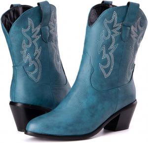 Женские ковбойские сапоги Alyaafifa Mid Claf Western с вышивкой, массивным блочным каблуком, заостренным закрытым носком и удобным верхом для езды, Blue