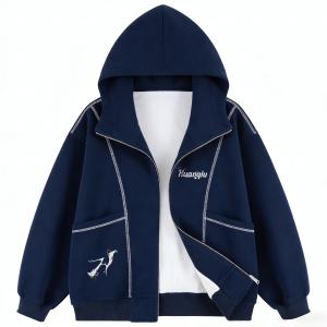 Толстовка Unisex с капюшоном утепленная кардиган HUANQIU, темно-синий fleece-lined