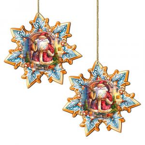 Набор из 2 деревянных рождественских украшений "Санта с колокольчиком и снежинкой", Г. Дебрехт Designocracy, мультиколор