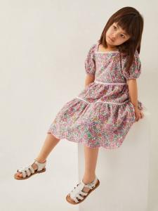 Детское платье с цветочным принтом и пышными рукавами Monsoon, Pink