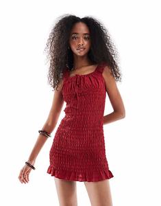 Мини-платье Daisy Street в стиле «молочницы» со сборками и оборкой по низу, красного цвета