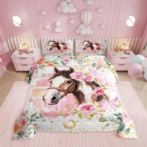 Erosebridal Комплект постельного белья Pink Cowgirl Horse в стиле вестерн с цветочным принтом и подушками, Pink White Brown