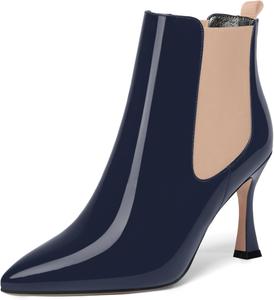 Женские сапоги SKYSTERRY, без застежек, с заостренным носком, до щиколотки, каблук 8,4 см, Beige Navy Blue