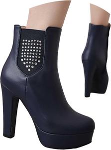 Женские ботильоны на высоком каблуке с платформой, круглый носок, кожаные ботинки для женщин, на молнии, с тонким каблуком, короткие ботильоны, осень-зима, модные, удобные, для работы, вечеринок и свадеб Generic, Blue