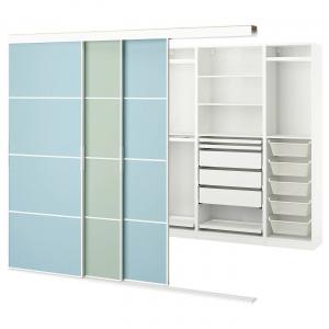 Гардеробная с раздвижными дверями SKYTTA/PAX IKEA, 251x115x205 см, цвет white double sided/mehamn light blue/light green