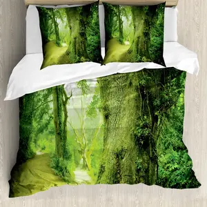 Пододеяльник ABAKUHAUS "Сказочный", тема "Дикая природа", с защитой от клещей, подходит для аллергиков, с наволочками, 200 x 200 см - 80 x 80 см, зеленый Abakuhaus