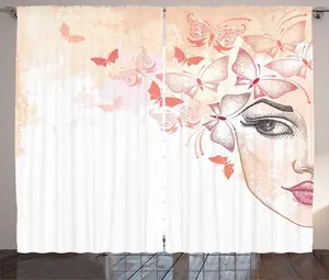 Штора ABAKUHAUS Rustic Eyebrow, с изображением полулица и бабочек, универсальная ленточная штора для гостиной с петлями и крючками, 280 x 225 см, розово-коралловый Abakuhaus