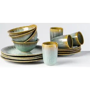 Gipfelstück комбинированный сервиз «Берег реки», (набор, 16 предметов), реактивная глазурь, необычный, визуальный цветовой градиент, синий/зеленый/коричневый