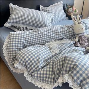 YUSIWOAL Комплект постельного белья из хлопка в черно-белую винтажную клетку с кружевом