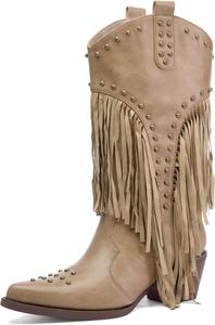 Женские ковбойские сапоги Tsrenlmln с заклепками в виде звезд, заостренным носком и массивным каблуком, Apricot