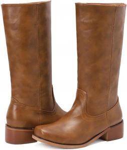 Женские высокие сапоги до колена с квадратным носком, массивным каблуком, длинные сапоги с удобным низким каблуком, с широкие голенищем, ковбойские сапоги, повседневные сапоги с узким голенищем, высокие сапоги для осени и зимы Hbeylia, Brown