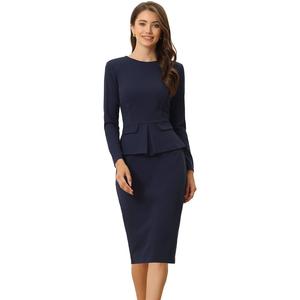 Женское облегающее платье-карандаш с круглым вырезом и рукавом 3/4, баска, одежда для работы, офисное платье-футляр ALLEGRA K, цвет Navy Blue