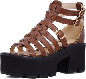 Женские сандалии-гладиаторы с открытым носком на толстом каблуке и высокой платформе, праздничные туфли с ремешками JOEUSTY, Brown