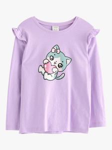 Детский топ с длинными оборчатыми рукавами и кошачьим принтом из хлопка Lindex, Light Lilac