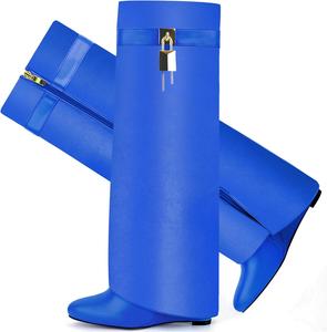 Сапоги с отворотом для женщин, острый носок, на танкетке, до колена, с боковой молнией и декоративным замком CDHYX, Blue-1-1