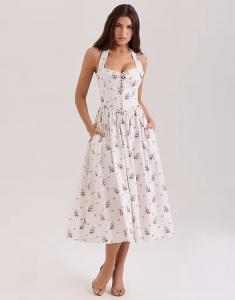 Платье-миди House of CB Emilia из эластичного хлопка с лямкой через шею и кремовым цветочным принтом