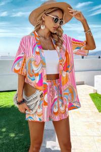 Шорты Graphic Print Drop Shoulder Blouse Tie Front Short TRUEDAMES, розовый