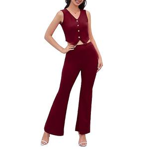 Женский костюм из льна: жилет с пуговицами и брюки с высокой талией Clearflower, Burgundy