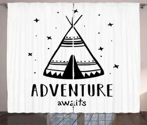 Шторы ABAKUHAUS Приключение ждет вас в деревенском стиле, Звездный шатер, каракули и слова, универсальные ленточные шторы для гостиной с петлями и крючками, 280 x 245 см, белые и черные Abakuhaus