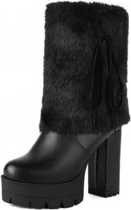 Женские сапоги средней длины с массивным каблуком, толстой платформой и плюшевой подкладкой, с боковой молнией, зимние туфли для рождественской вечеринке и ношения на снегу ZQW, Black